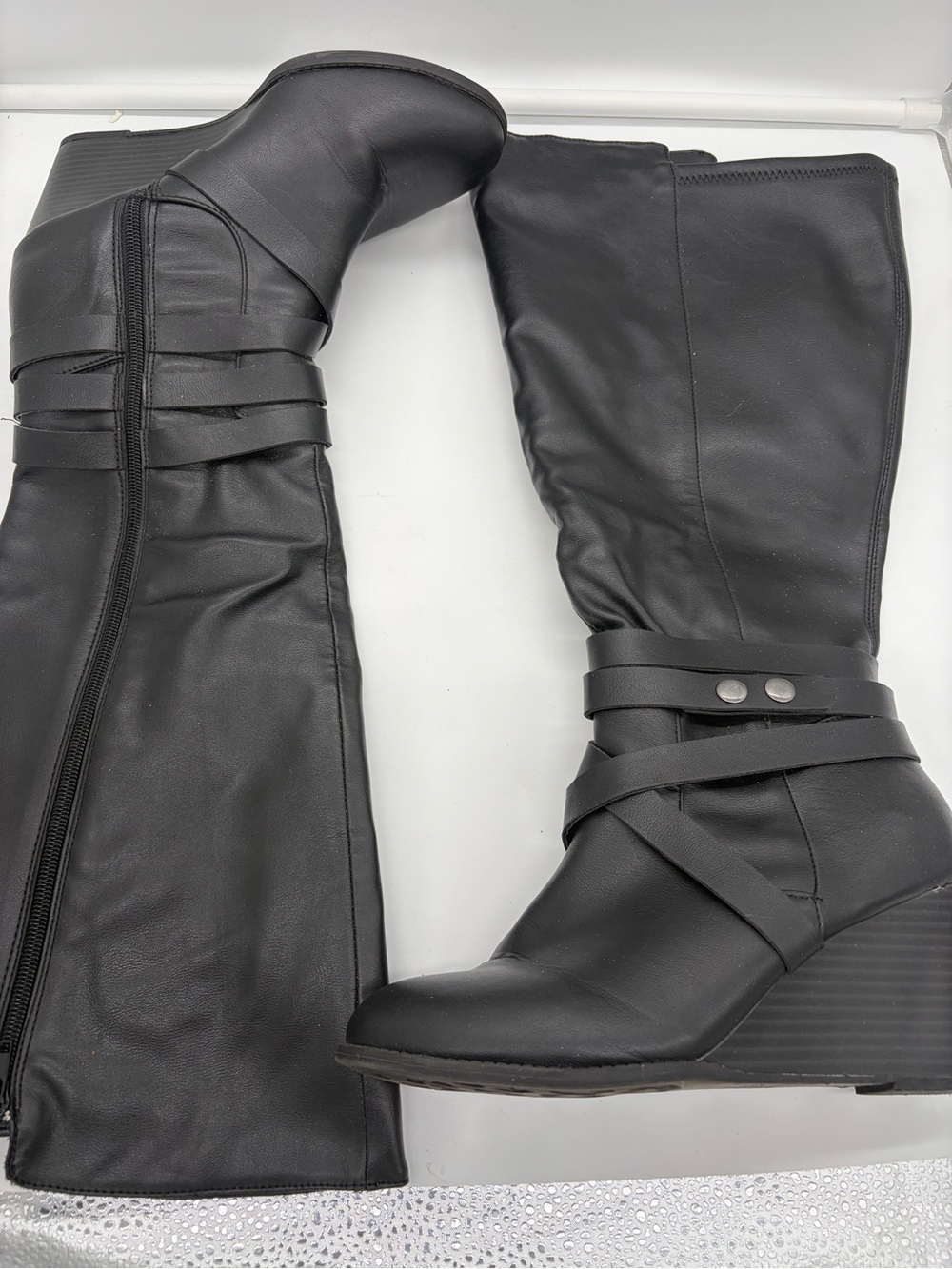 Women's Black Wedge Knee-High Boots with Wrap Strap Detail